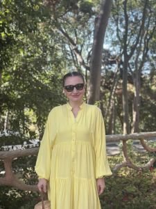 Viskon düz katleya elbise Sarı