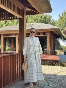 Mint Çizgi detaylı keten katleya elbise