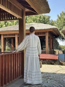 Mint Çizgi detaylı keten katleya elbise