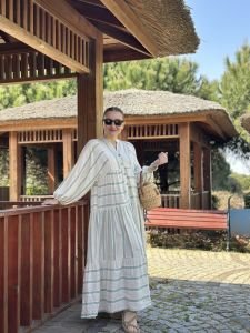 Mint Çizgi detaylı keten katleya elbise