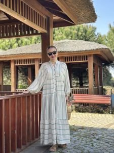 Mint Çizgi detaylı keten katleya elbise