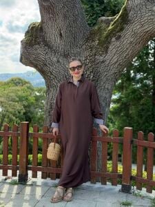 Gömlek yaka tensel pamuk çilek elbise kahve