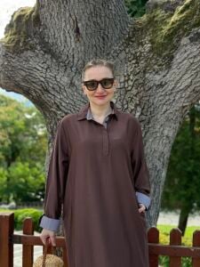 Gömlek yaka tensel pamuk çilek elbise kahve