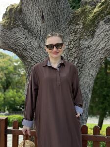 Gömlek yaka tensel pamuk çilek elbise kahve