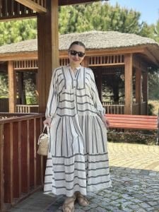 Siyah Çizgi detaylı keten katleya elbise