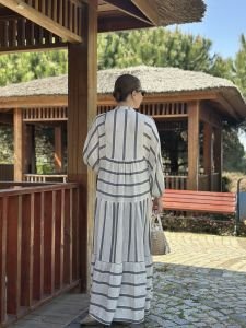 Siyah Çizgi detaylı keten katleya elbise