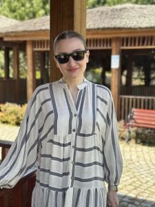 Siyah Çizgi detaylı keten katleya elbise