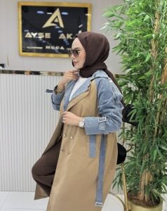 Premium Denim detaylı Trençkot A.camel
