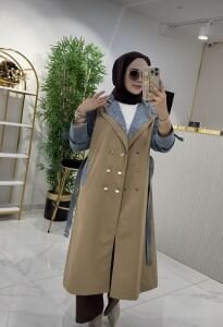 Premium Denim detaylı Trençkot A.camel