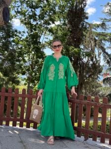 Jasmin Nakışlı viskon elbise yeşil