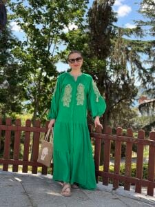 Jasmin Nakışlı viskon elbise yeşil
