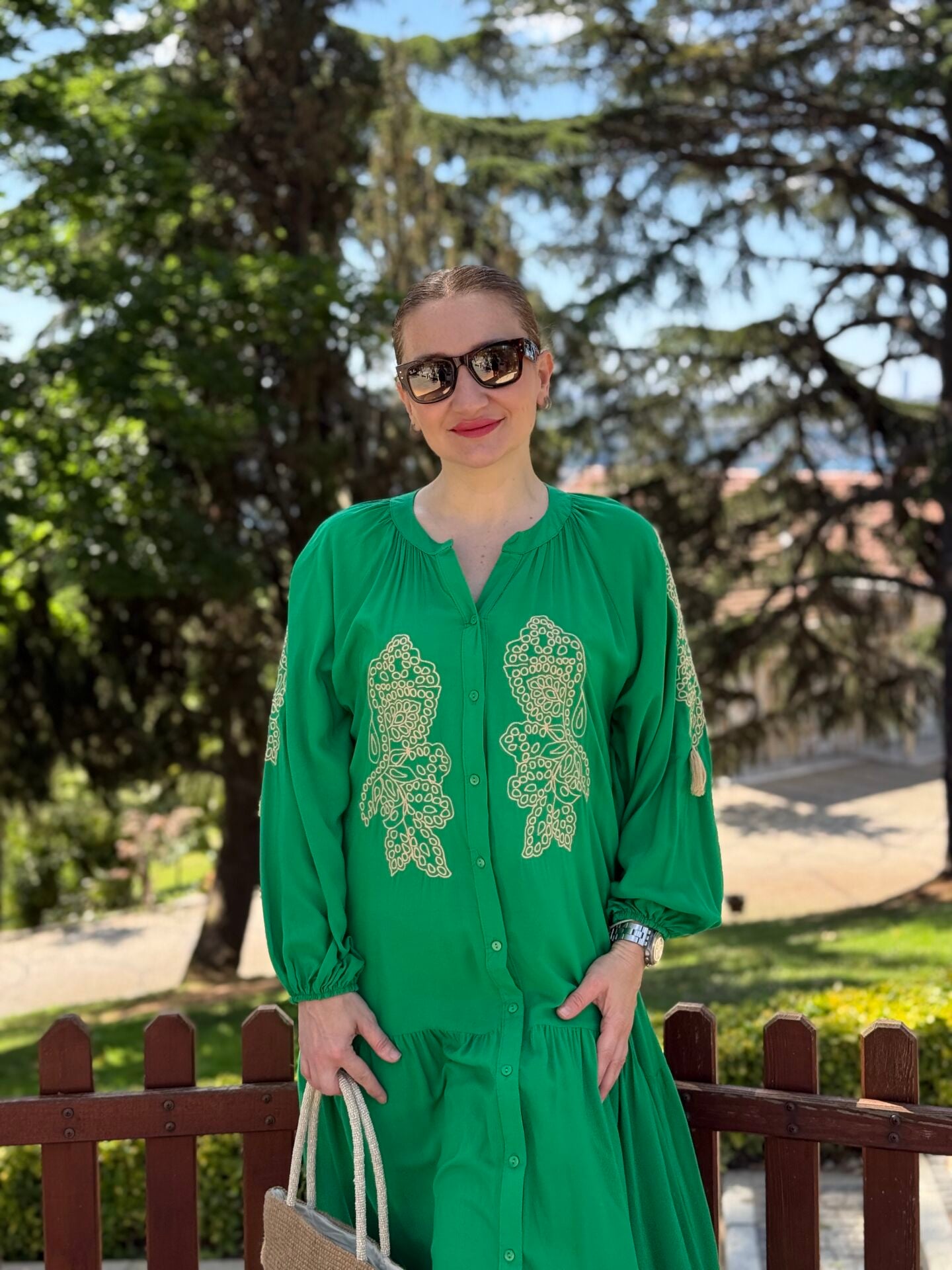 Jasmin Nakışlı viskon elbise yeşil
