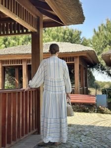 Mavi Çizgi detaylı keten katleya elbise