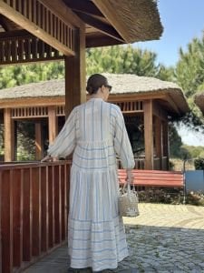 Mavi Çizgi detaylı keten katleya elbise