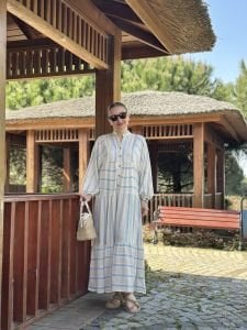 Mavi Çizgi detaylı keten katleya elbise