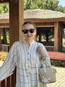 Mavi Çizgi detaylı keten katleya elbise