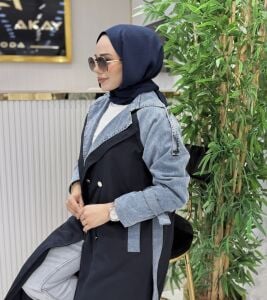 Premium Denim detaylı Trençkot Lacivert
