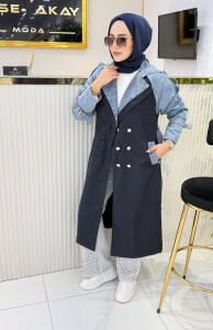 Premium Denim detaylı Trençkot Lacivert