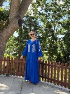 Jasmin Nakışlı viskon elbise saks