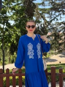 Jasmin Nakışlı viskon elbise saks