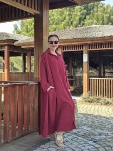 Kemerli tensel gömlek elbise bordo