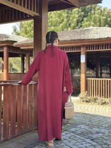 Kemerli tensel gömlek elbise bordo