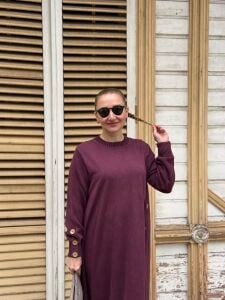 Afili düğmeli Tasarım elbise 7191 mürdüm
