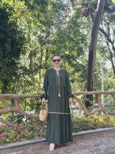 Nakışlı papatya viskon elbise haki