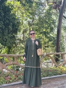 Nakışlı papatya viskon elbise haki