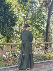 Nakışlı papatya viskon elbise haki