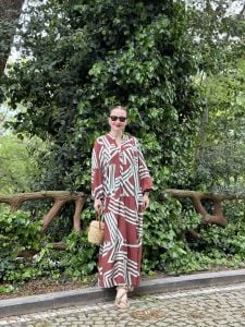 Kahve-Turkuaz çizgi desen katleya elbise