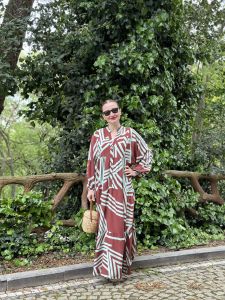 Kahve-Turkuaz çizgi desen katleya elbise