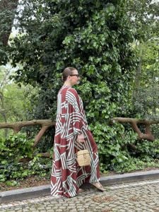 Kahve-Turkuaz çizgi desen katleya elbise