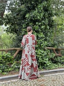 Kahve-Turkuaz çizgi desen katleya elbise