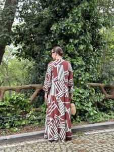 Kahve-Turkuaz çizgi desen katleya elbise