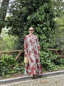 Kahve-Turkuaz çizgi desen katleya elbise