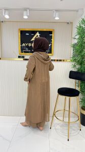 A.akay 6101 Pullu dantel detaylı keten takım camel