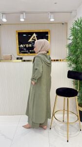 A.akay 6101 Pullu dantel detaylı keten takım haki