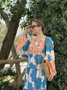 Mavi-turuncu yonca Seçil elbise