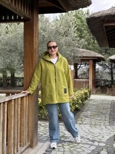 Kapüşonlu kuzu kaşe kaban-ceket Yağyeşili