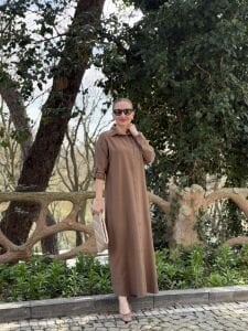 Serda Tensel cep iŞleme elbise CAMEL
