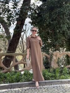 Serda Tensel cep iŞleme elbise CAMEL