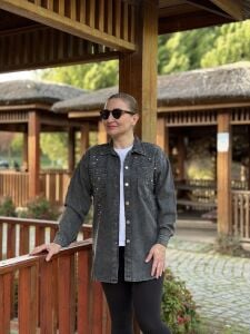 İşlemeli taşlı Kot gömlek Gri