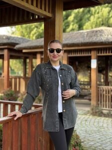 İşlemeli taşlı Kot gömlek Gri