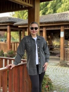 İşlemeli taşlı Kot gömlek Gri