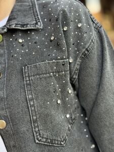 İşlemeli taşlı Kot gömlek Gri