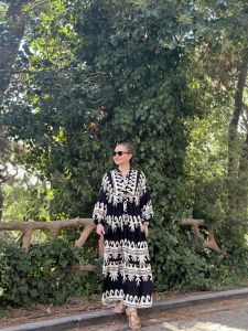 Siyah-krem ceylo katleya elbise