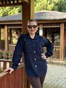 İşlemeli taşlı Kot gömlek lacivert