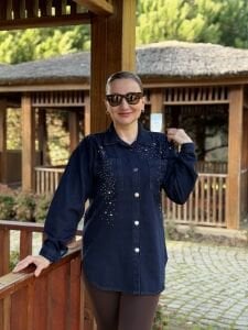 İşlemeli taşlı Kot gömlek lacivert
