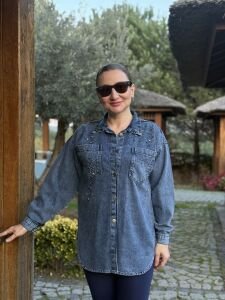 İşlemeli taşlı Kot gömlek K.Mavi
